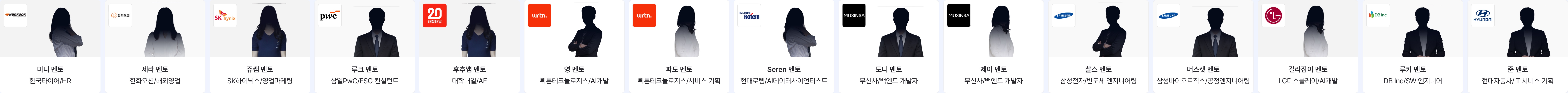 미니 멘토(한국타이어/HR), 세라 멘토(한화오션/해외영업), 쥬쌤 멘토(SK하이닉스/영업마케팅), 루크 멘토(삼일PwC/ESG 컨설턴트), 후추쌤 멘토(대학내일/AE), 영 멘토(뤼튼테크놀로지스/AI개발), 파도 멘토(뤼튼테크놀로지스/서비스 기획), Seren 멘토(현대로템/AI데이터사이언티스트), 도니 멘토(무신사/백엔드 개발자), 제이 멘토(무신사/백엔드 개발자), 찰스 멘토(삼성전자/반도체 엔지니어링), 머스캣 멘토(삼성바이오로직스/공정엔지니어링), 길라잡이 멘토(LG디스플레이/AI개발), 루카 멘토(DB Inc/SW 엔지니어), 준 멘토(현대자동차/IT 서비스 기획)